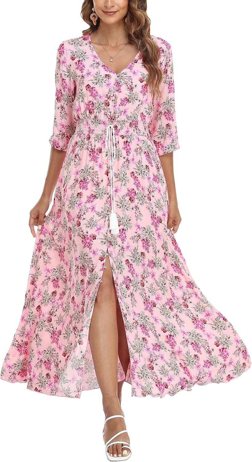 VOGMATE Damen Lange Split Knopf Up Sommer Maxikleid Floral Strandwear Holidy Kleid Hohe Taille mit k