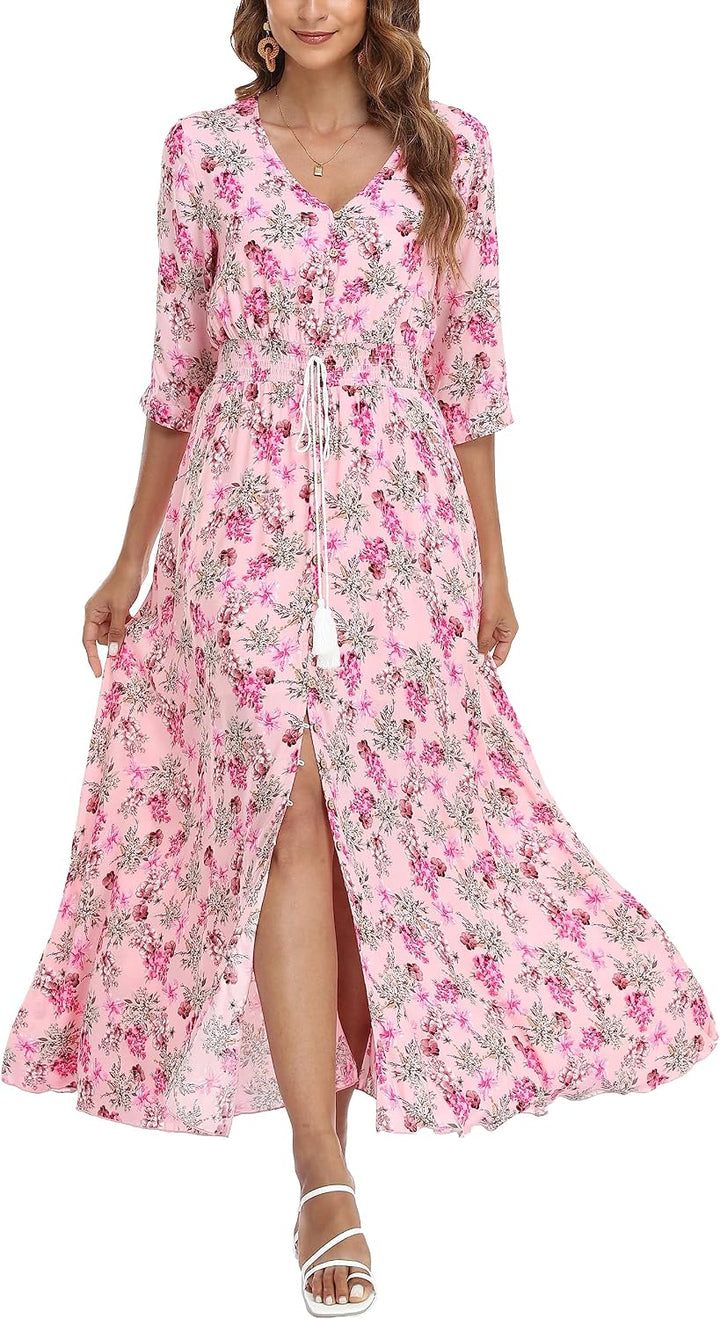 VOGMATE Damen Lange Split Knopf Up Sommer Maxikleid Floral Strandwear Holidy Kleid Hohe Taille mit k