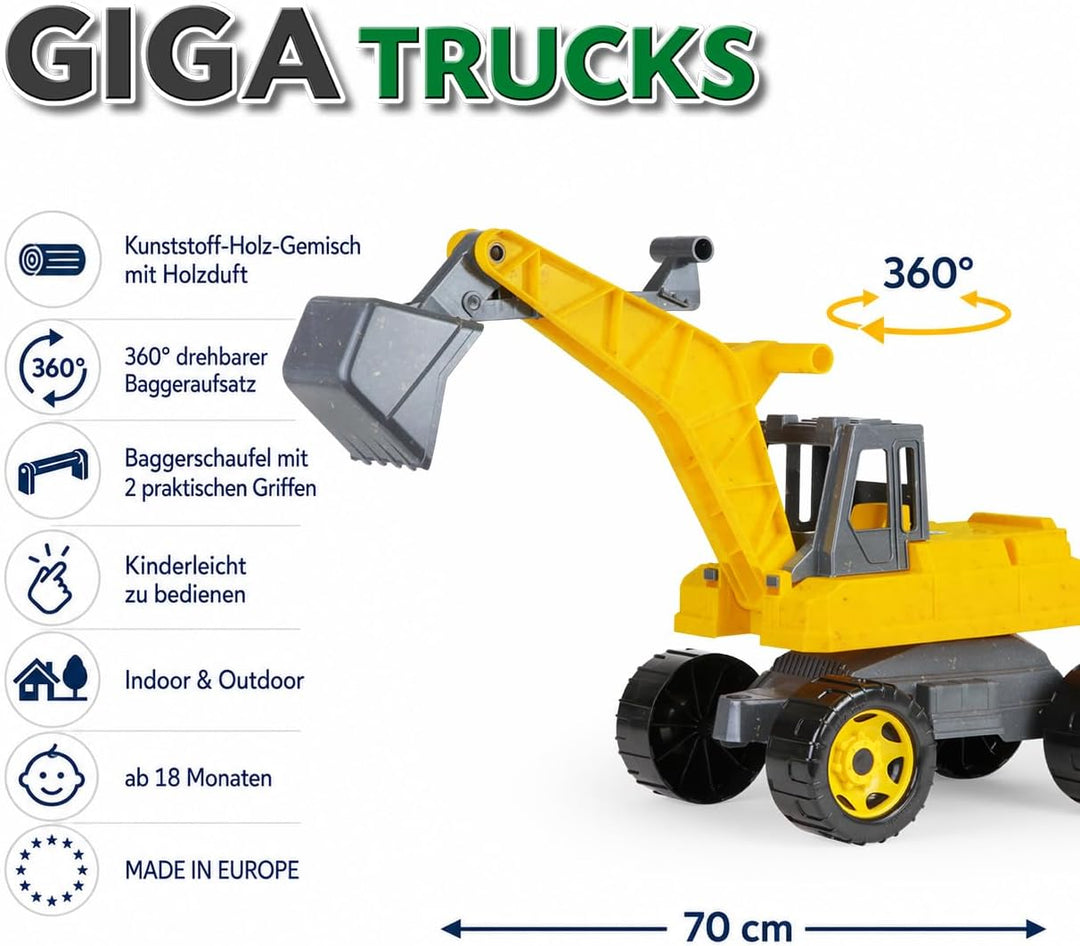 Lena 02217-Eco GIGA Trucks Aufsitz-Bagger, Starke Riesen Sandbagger ca. 70 cm, 360 Grad Schaufelbagg