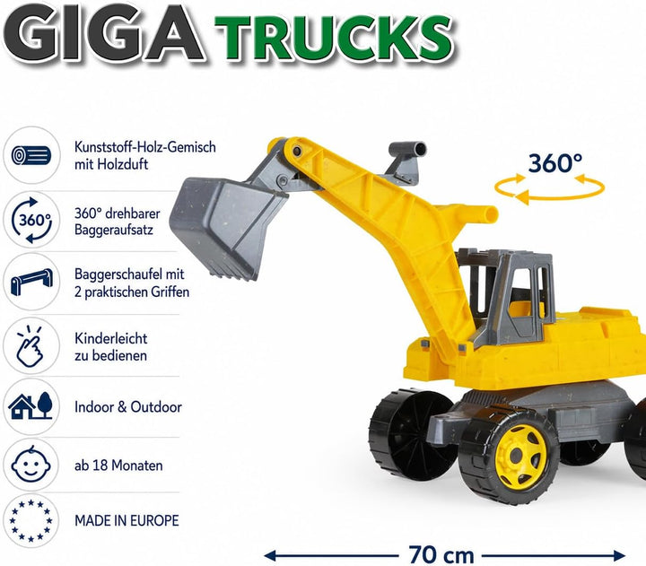 Lena 02217-Eco GIGA Trucks Aufsitz-Bagger, Starke Riesen Sandbagger ca. 70 cm, 360 Grad Schaufelbagg