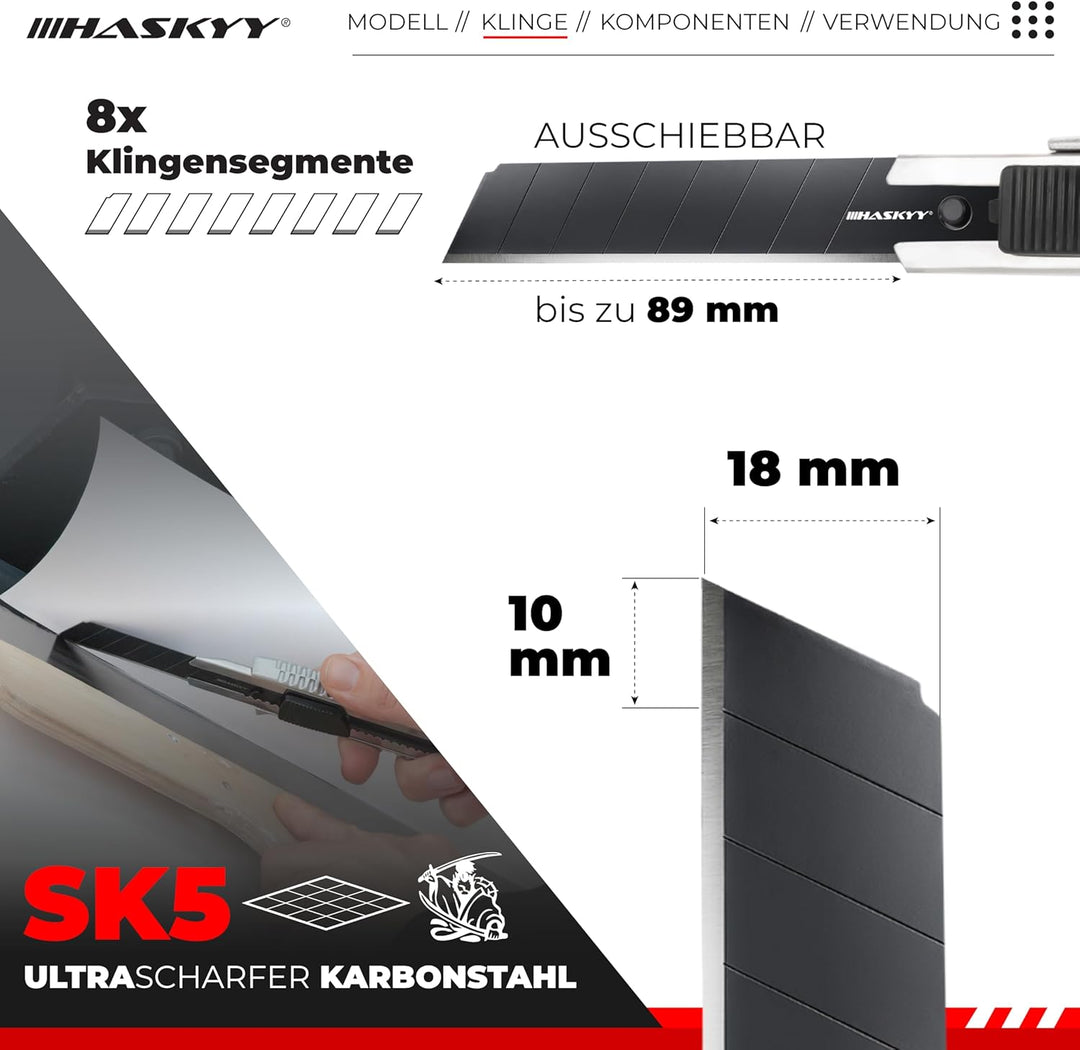 HASKYY Cuttermesser Teppichmesser Kartonmesser 10x Cutter mit 100x SK5 8-Segment-Klingen 18mm Ergono