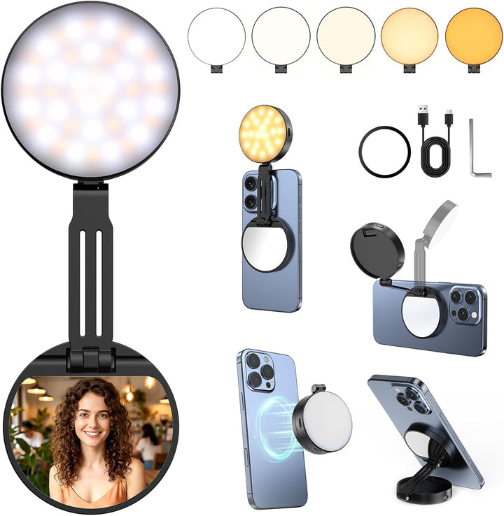 Magnetische Selfie-Licht, Handy-Licht kompatibel, 5 Level 2500K-6500K, CRI 95+, 360° LED Selfie Ring