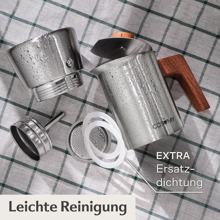 Cosumy Espressokocher Induktion für alle Herdarten geeignet - Mokkakanne Edelstahl 6 Tassen und FSC