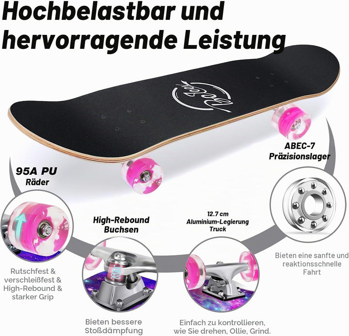 BELEEV Skateboard 31x8 Zoll Komplette Cruiser Skateboard für Kinder Jugendliche Erwachsene, 7-Lagige