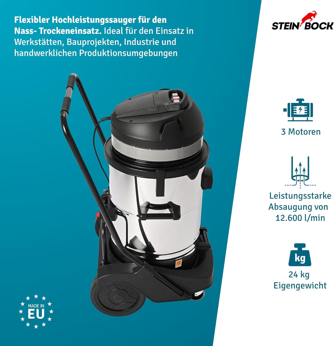 Steinbock Industriesauger nass & trocken| 3.300 Watt | 78 l Fassungsvermögen | mit 3 leistungsstarke