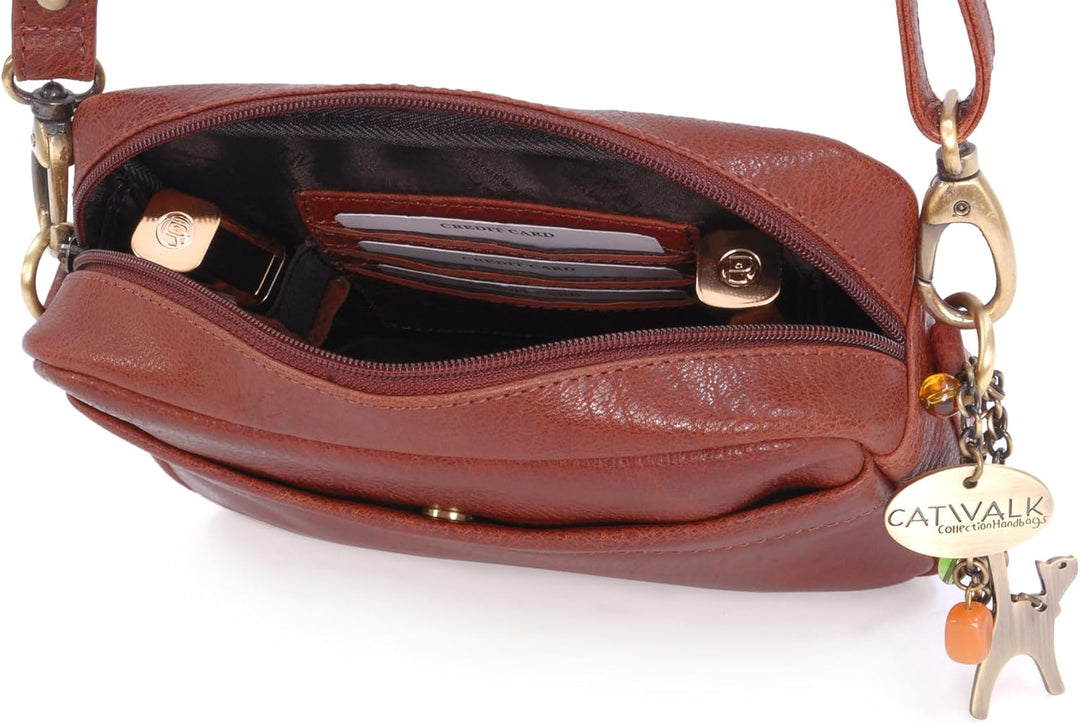 Catwalk Collection Handbags - Leder - Klein Umhängetasche Messenger/Schultertasche - POLLY Hellbrun,