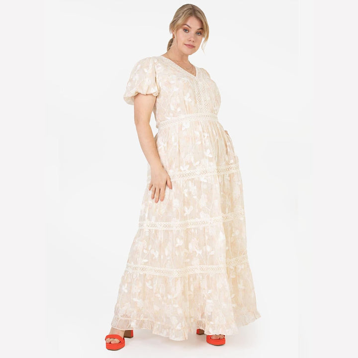 Lovedrobe Damen Ladies Plus Size Summer Dress for Women Curve Puffed Short Sleeve Maxi V-Neckline Fl