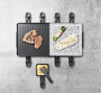 Bestron 2-in-1 Raclette-Partygrill: elektrisches Raclette für bis zu 8 Personen, kratzfester Naturgr