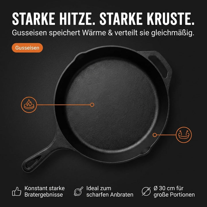 Homira Gusseisenpfanne 30 cm Ø – voreingebrannt & sofort einsatzbereit, Induktion geeignet, ofenfest