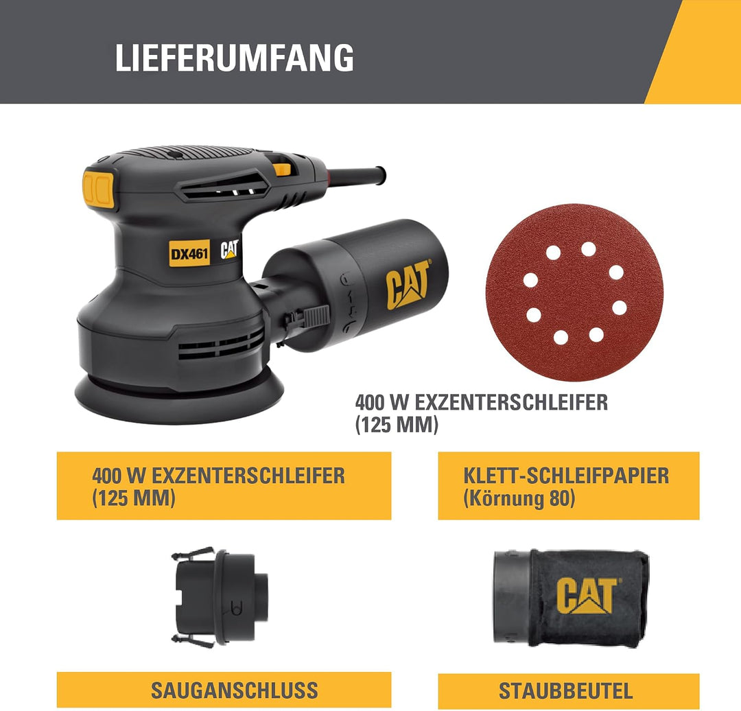 CAT DX461 125 mm Exzenterschleifer 400W, 5000–14000 U/min, Ø2,5 mm, (inkl. Zyklon-Staubbox, variable