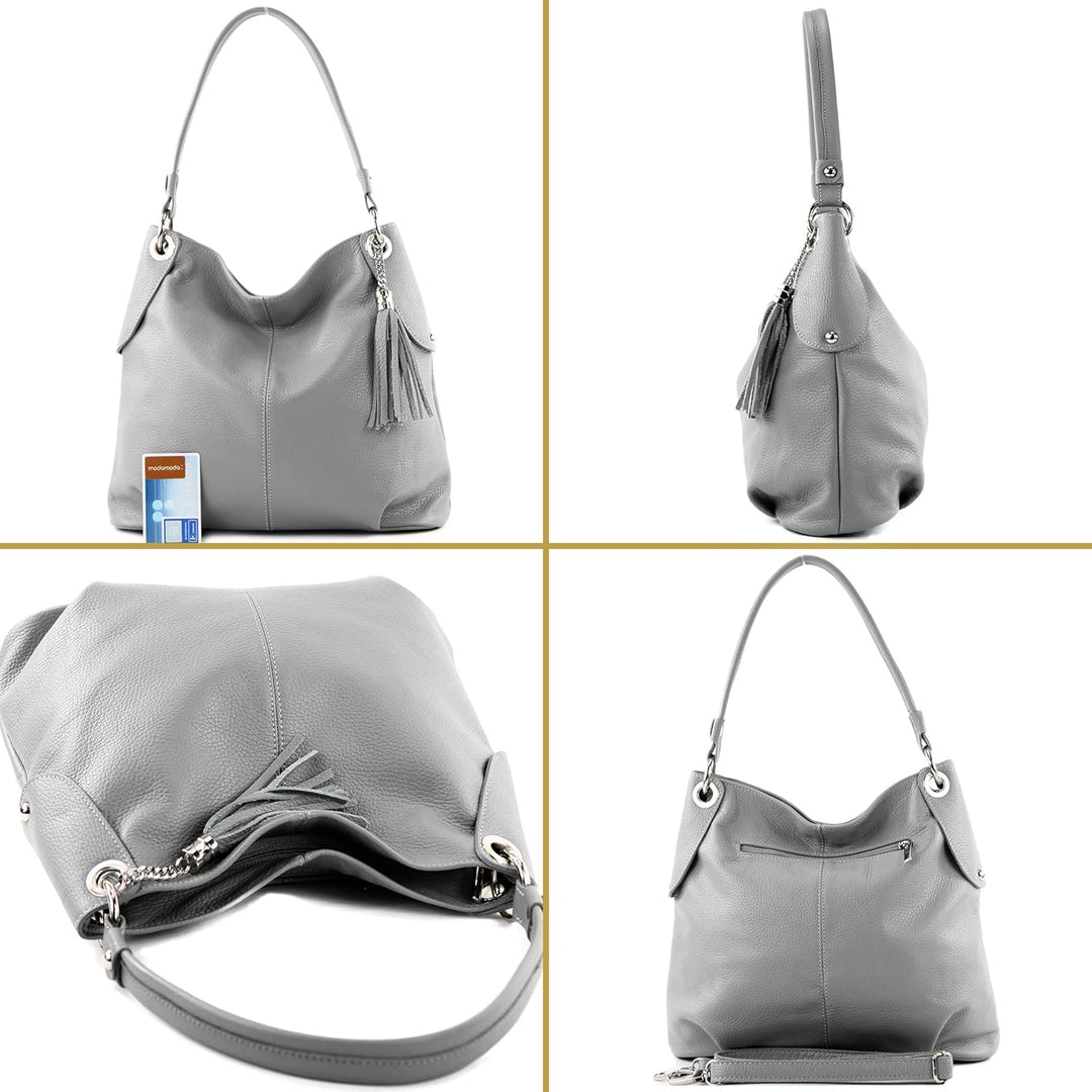 modamoda de T185 Damen Leder Schultertasche, handmade in Italy Graubeige, Graubeige