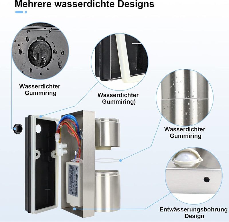 Allesgute LED Aussenleuchte mit Bewegungsmelder IP44 Modern UP Down Wandleuchte Aussen Gebürstet Ede