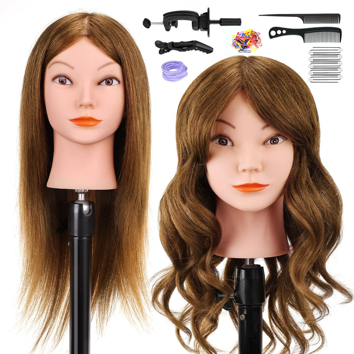 Yofuly 18 inch Trainingsköpfe für Friseure Übungskopf, 100% Echthaar Kosmetik Schaufensterpuppenkopf
