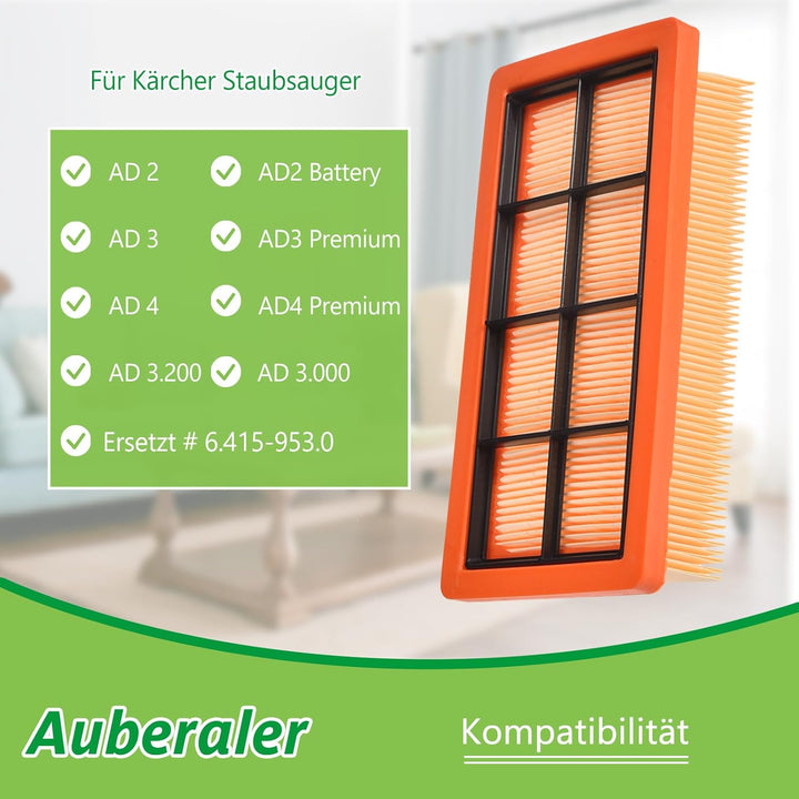 3 Flat Pleated Filters Replaces for Kärcher 6.415-953.0 AD2 Battery AD3 AD4 Premium AD3.000, AD3.200