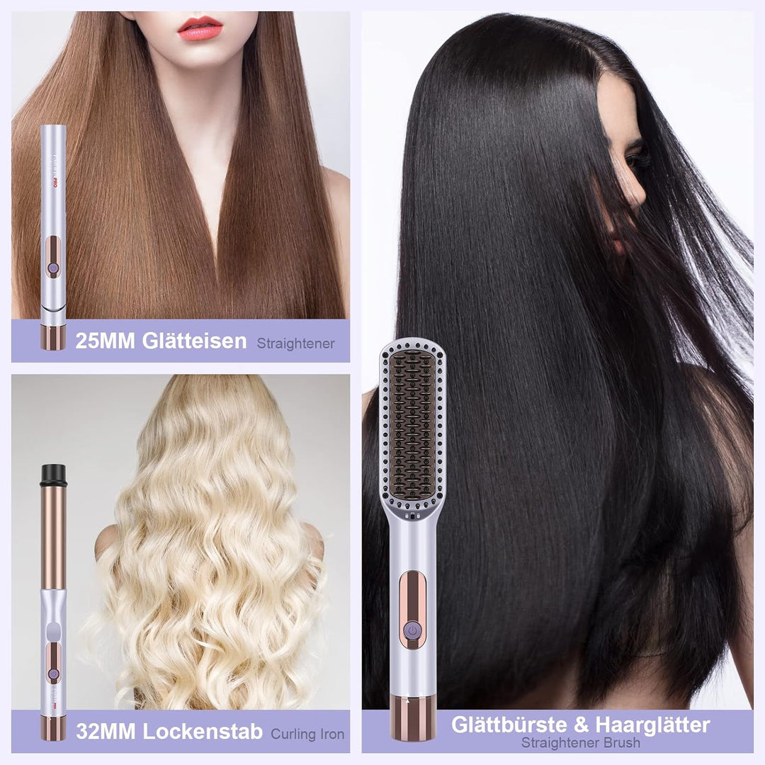 PARWIN PRO BEAUTY 3 In 1 Styling Set, Beinhaltet Glätteisen 25mm -Lockenstab 32mm & GlÄttbÜrste, mit