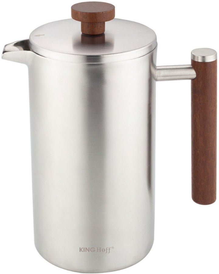 KINGHoff French Press 1 Liter, Edelstahl 304, Doppelwandig, Holzgriff, Thermodruck, Edelstahl, Mikro