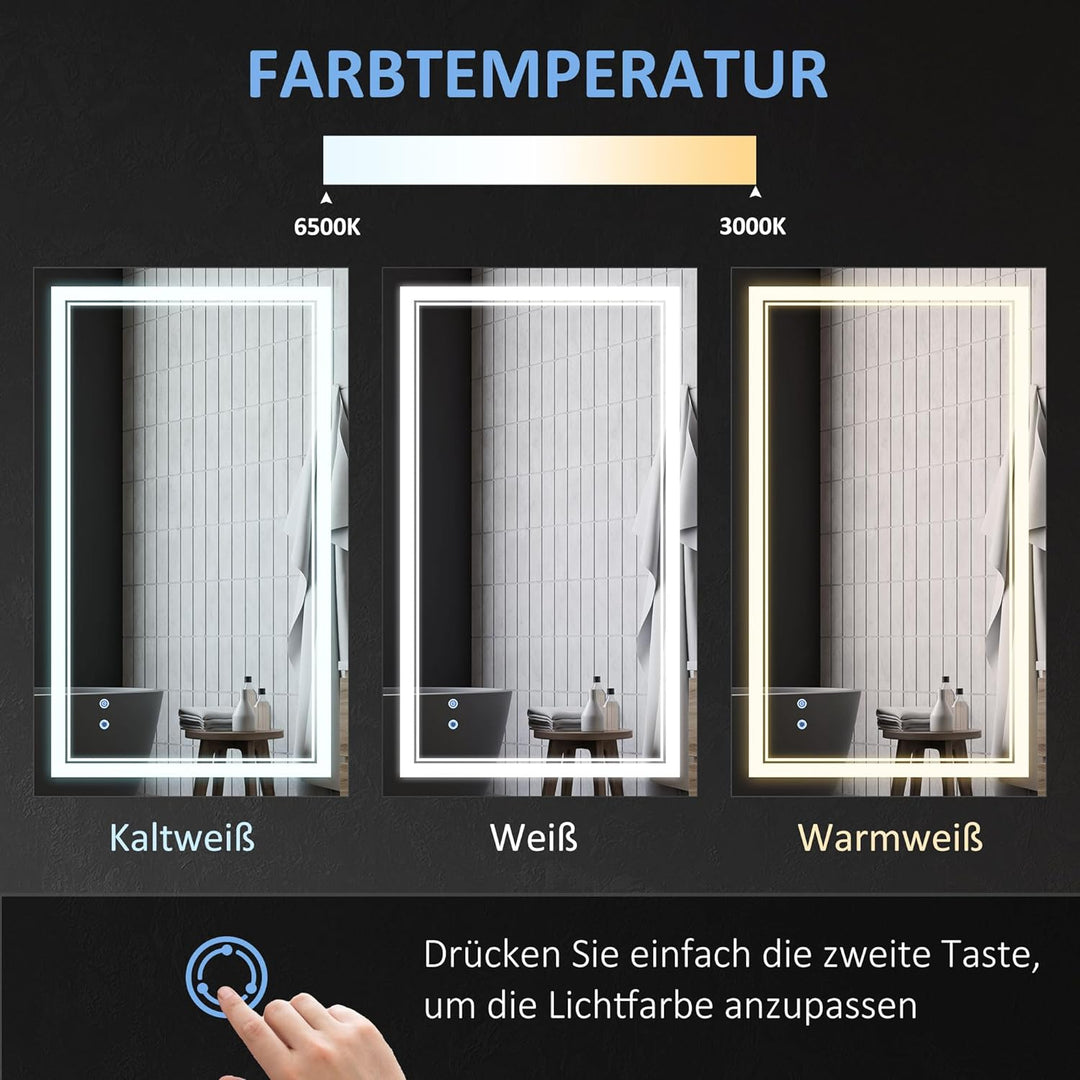 kleankin Badspiegel, Badezimmerspiegel mit LED-Beleuchtung, Wandspiegel mit Touchschalter, 3 Lichtfa