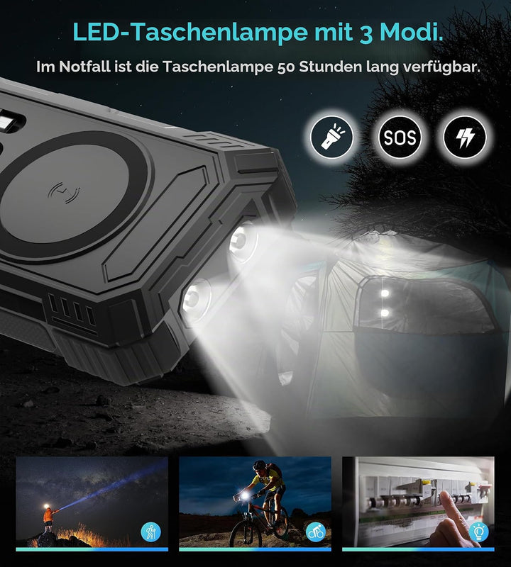 Solar Powerbank 56800mAh, 30W Solarladegeräte PD 3.0A USB C Schnellladen mit 4 Kabeln, 3 Port (2 USB