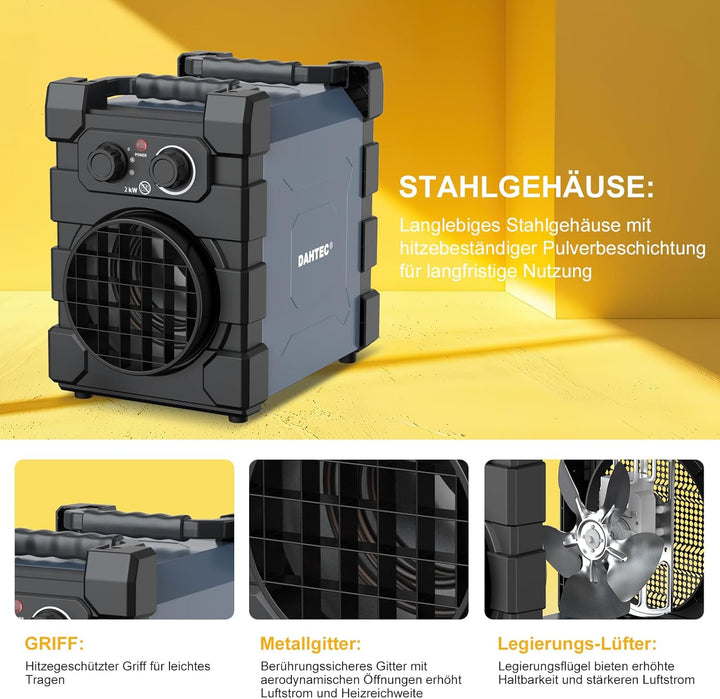 Professioneller Heizlüfter mit Schwerem Stahlgehäuse 2000 Watt Bauheizer Elektroheizer Bautrockner f