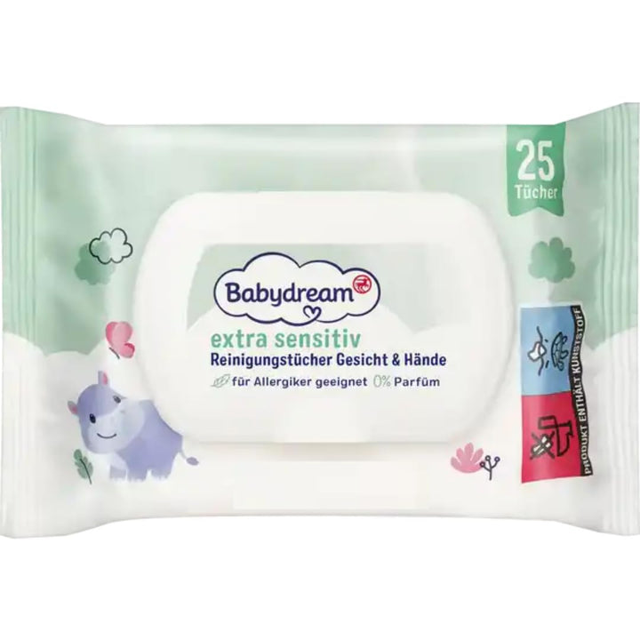 Babydream Extra sensitive Reinigungstücher Gesicht & Hände Feuchttücher Tücher 25 Stück x 5 Packs