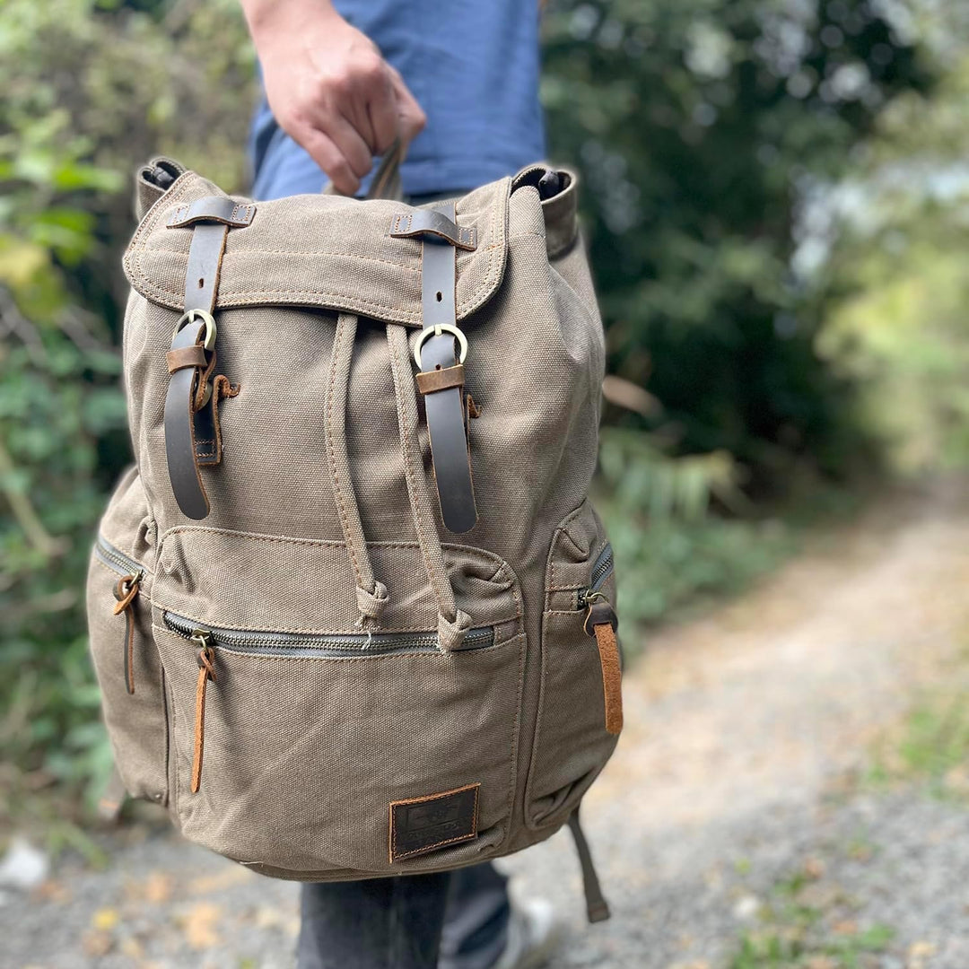 Retro Segeltuch Rucksack, Canvas Vintage Rucksack Laptop Daypack Schulrucksack Reisetasche Lederruck