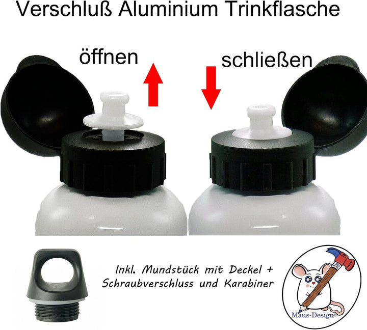 Trinkflasche mit Name/wahlweise 400ml, 500ml oder 600ml + Schriftwahl für Name + Edelstahl oder Alum