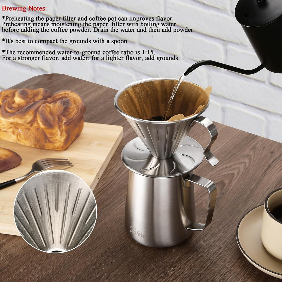 Pour Over Kaffeefilter, 304 Edelstahl mit 100 Stück Papierfilter Grösse 02 (Kaffee-Tropfer) Kaffee T