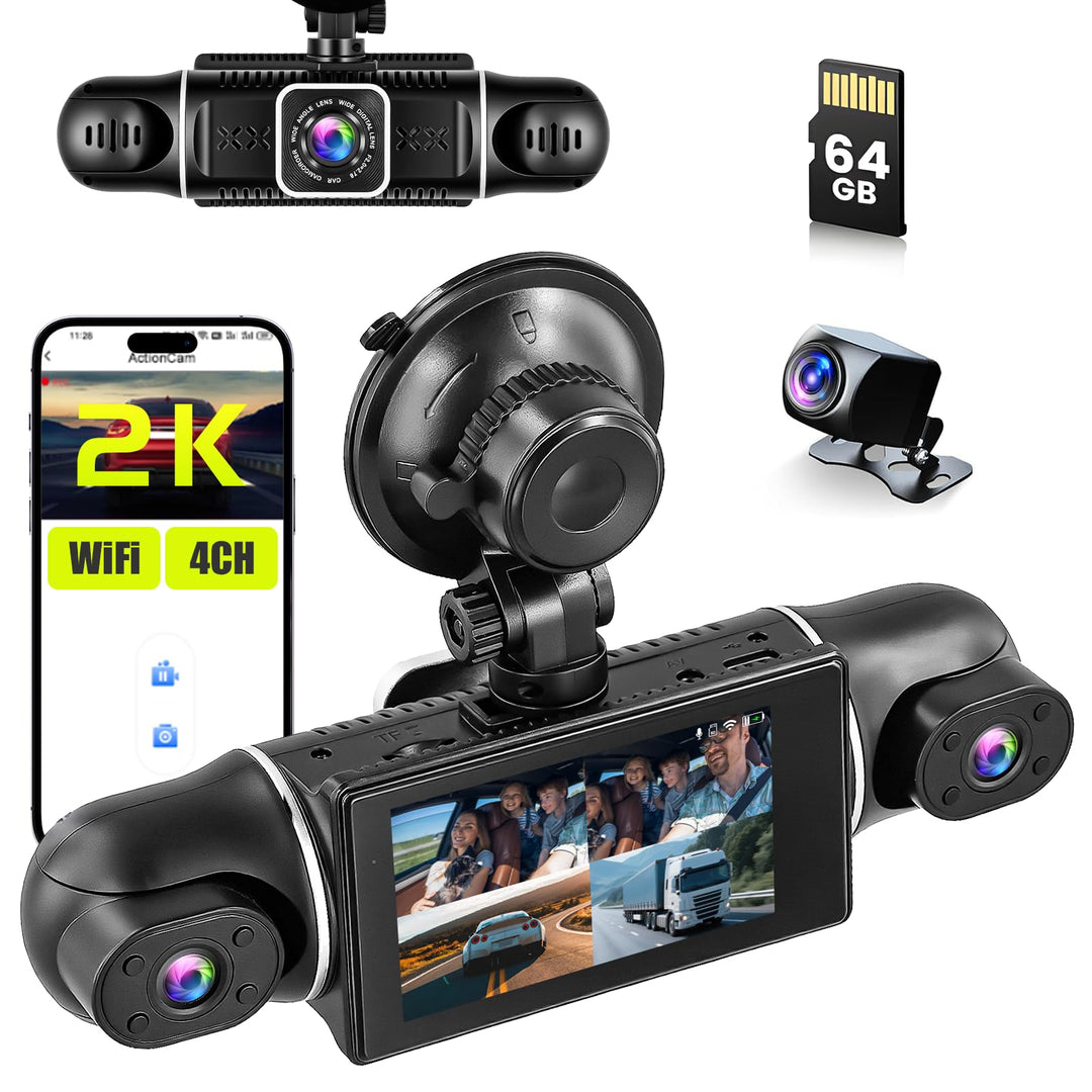 4 Kanal Dashcam Auto Vorne Hinten 2K+1080P*3, 360° 4 Kanal Dashcam, WiFi Dash Cam mit APP Steuerung,