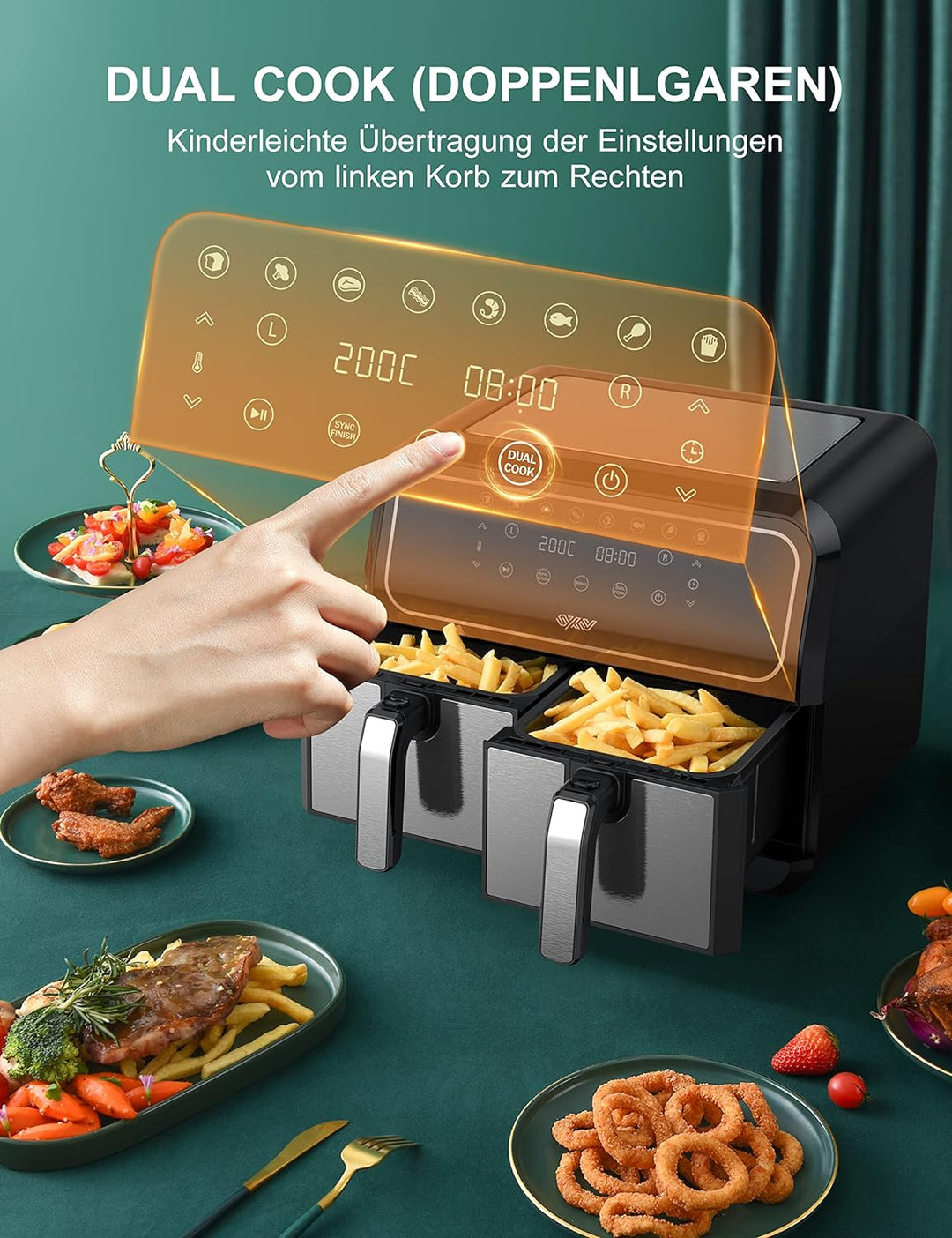 Innsky Dual Zone Heissluftfritteuse Doppelkammer 8L, 8 Programmen Heissluftfritteuse Doppelt, Airfry