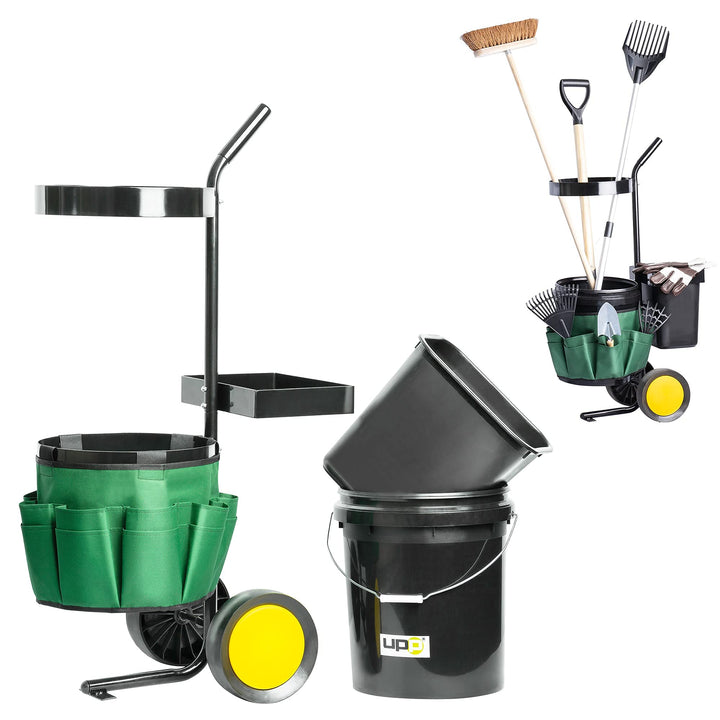 UPP Garten- &amp; Werkzeugtrolley I Transportwagen mit 12 &amp; 20 L Eimer | Gerätehalter und Tasche mit 12