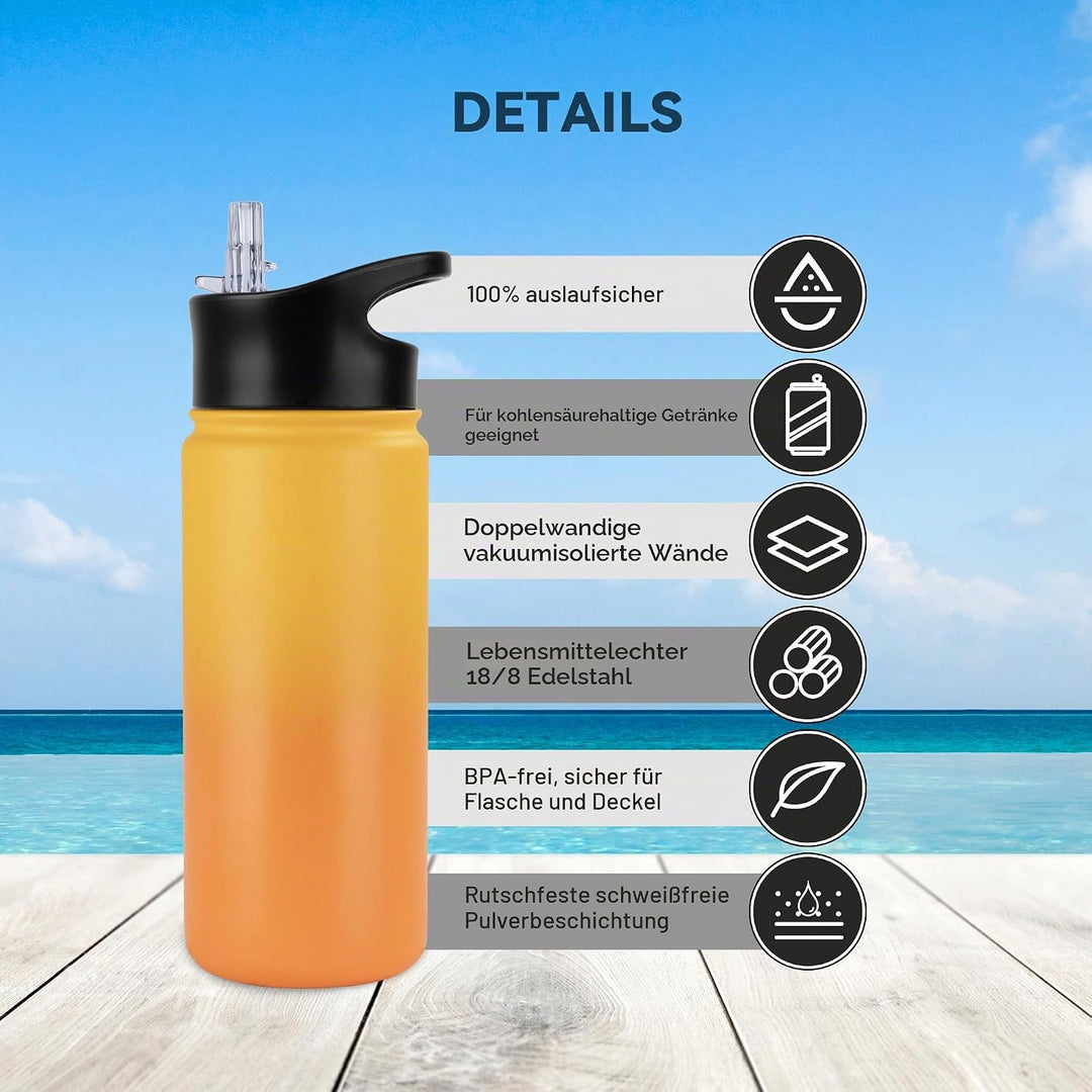 Edelstahl Trinkflasche - 500ml - mit Strohhalm,Auslaufsicher,Kohlensäure Geeignet,BPA frei Thermosfl