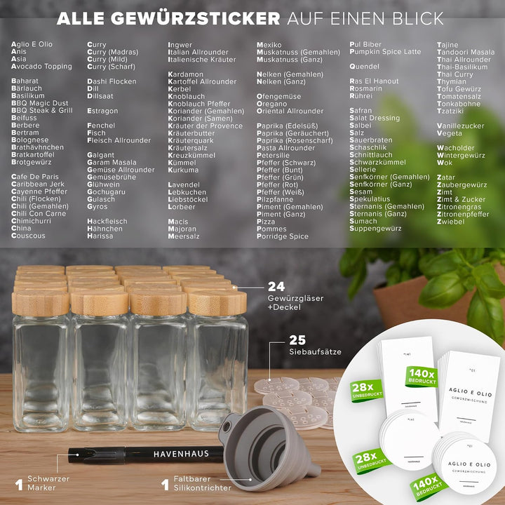 Havenhaus Premium Gewürzgläser Set Bambus | 24 Gewürz Organizer inkl. 336 deutschen Gewürzetiketten