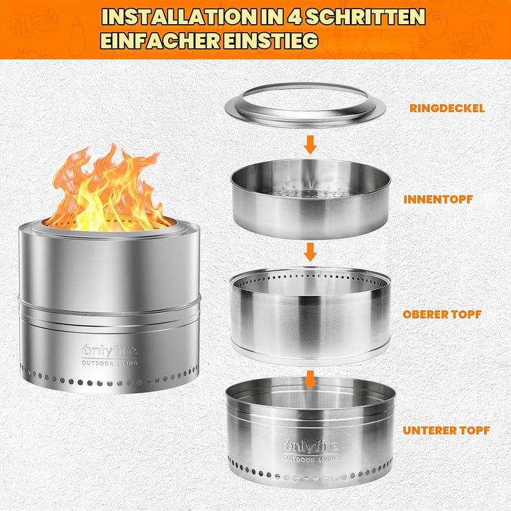 Onlyfire Tragbare Feuerstellen mit Aufbewahrungstasche, 50cm Fire Pit aus Edelstahl, Abnehmbarer Asc