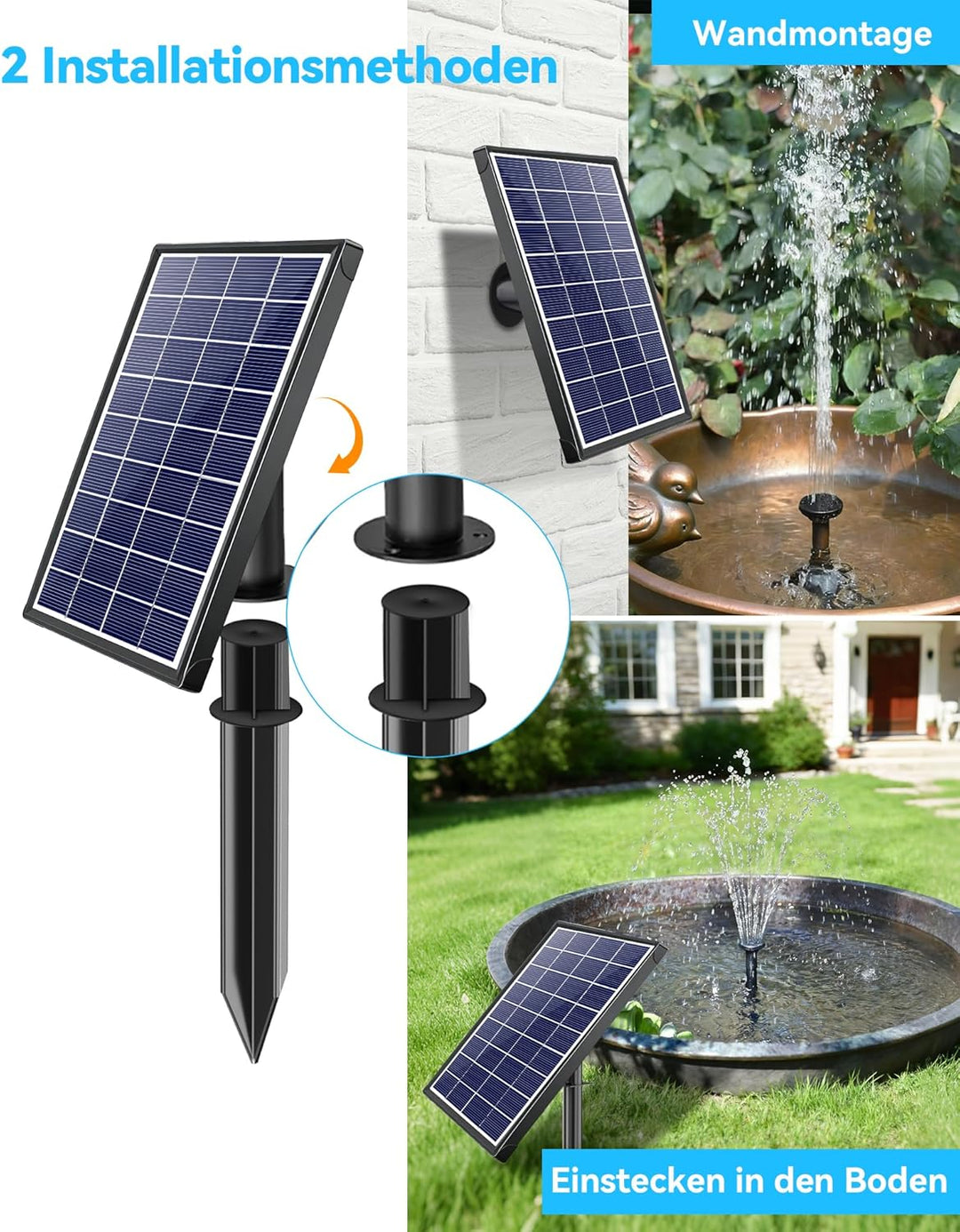 POPOSOAP Solar Springbrunnen für Aussen, 6,5 W 240 L/h Solarbrunnen mit integriertem 3000 mAh Akku,