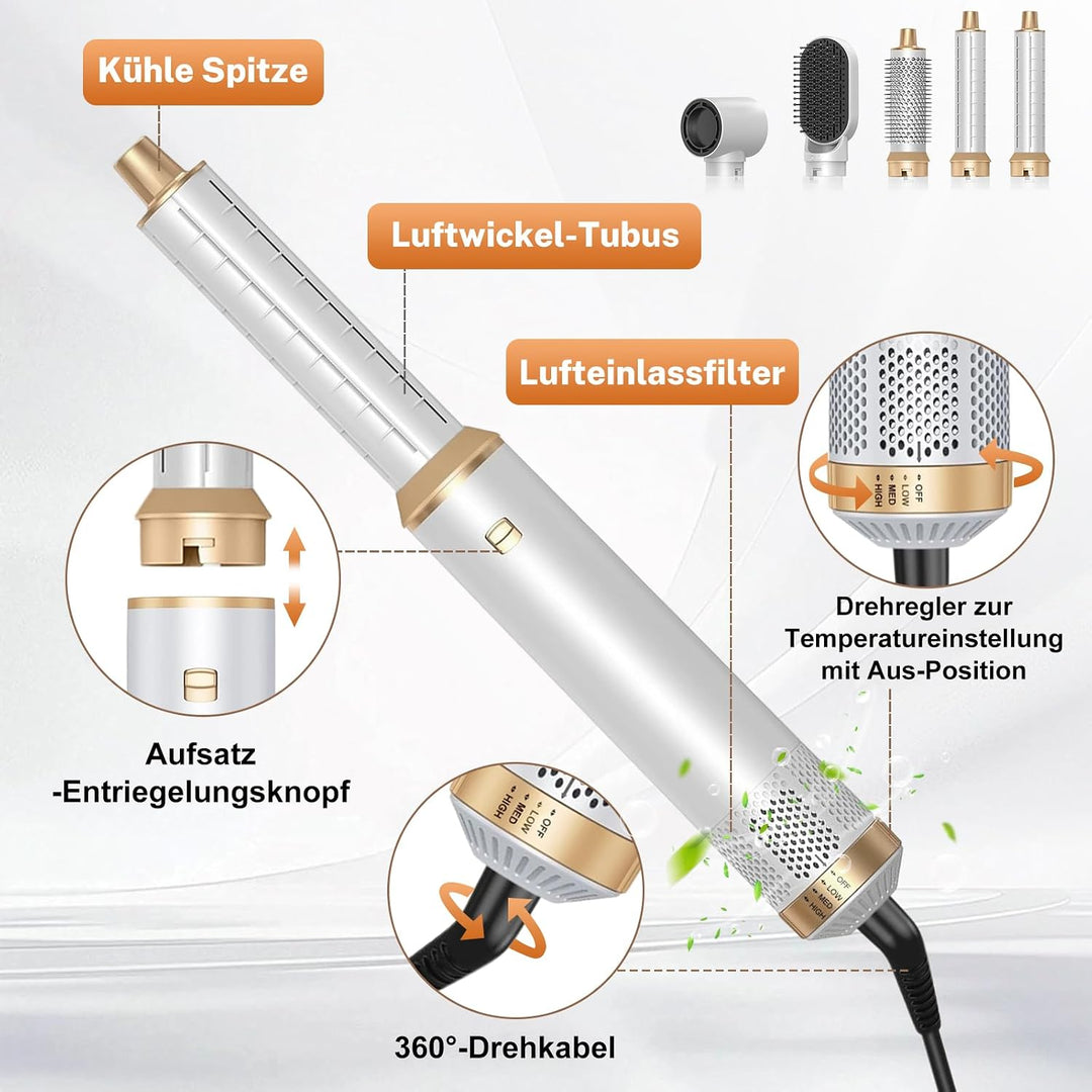 Hair Styler 5-in-1, Airstyler Haarstyler Set mit Rundbürstenföhn, Warmluftbürste, Airflow Lockenstab