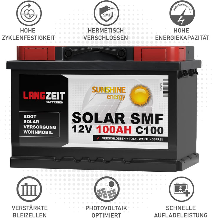Solarbatterie 100Ah 12V Versorgungsbatterie Wohnmobil Batterie Boot Solar SMF total wartungsfrei 80A