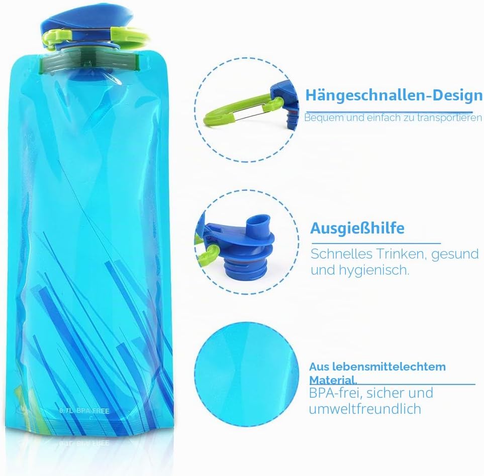 Leikurvo Faltbare Wasserflaschen 6 Stück, 700ML Faltbare Trinkflasche Flexible Zusammenklappbare Tri