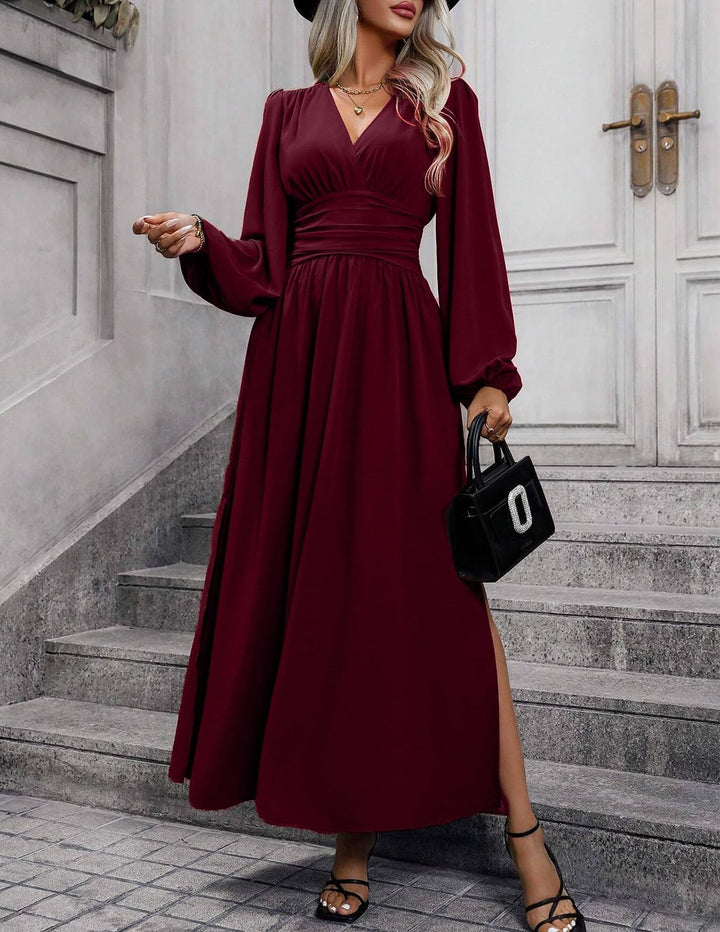 Damen Kleid 2.0 Elegant Langarm V-Ausschnit Tunika Maxikleider Casual Hohe Taille Saumschlitz Cockta