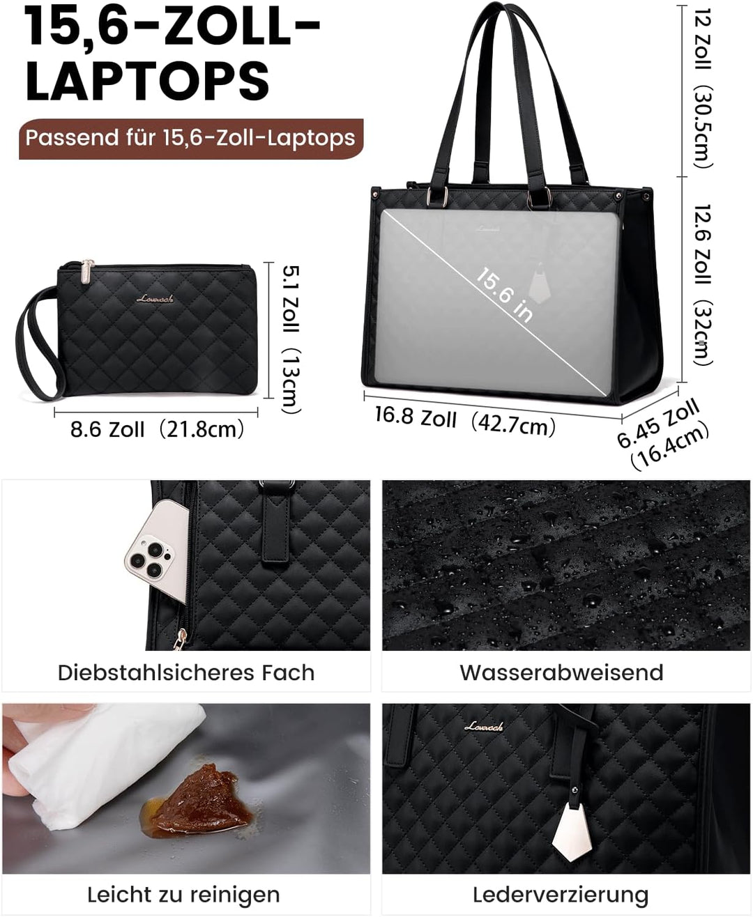 LOVEVOOK Laptoptasche Damen mit Isolierted Lunch-Fach, 15,6 Zoll Laptop Handtasche, Arbeitstasche Le