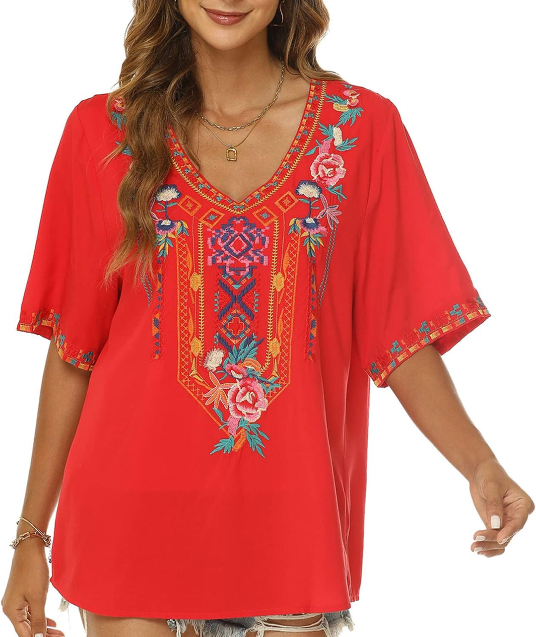 Seasonal Tunika Damen Sommer Boho Bluse Folklore Stickerei Oberteil Trachten Hippie Kleidung Kurzarm