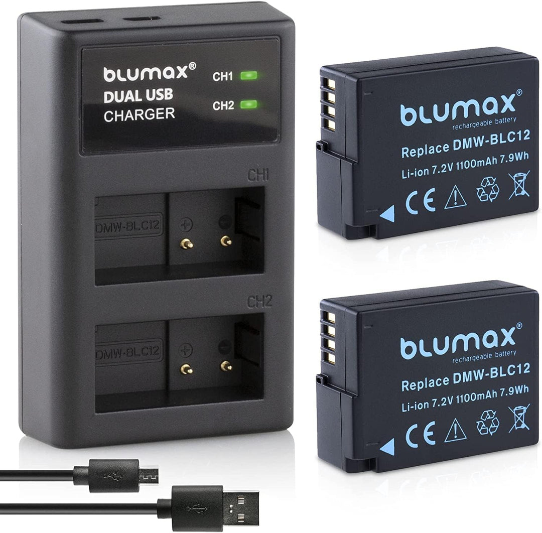 Blumax 2X Akku ersetzt Panasonic DMW-BLC12 / DMW-BLC12-E 1100mAh + USB Dual-Ladegerät USB | kompatib