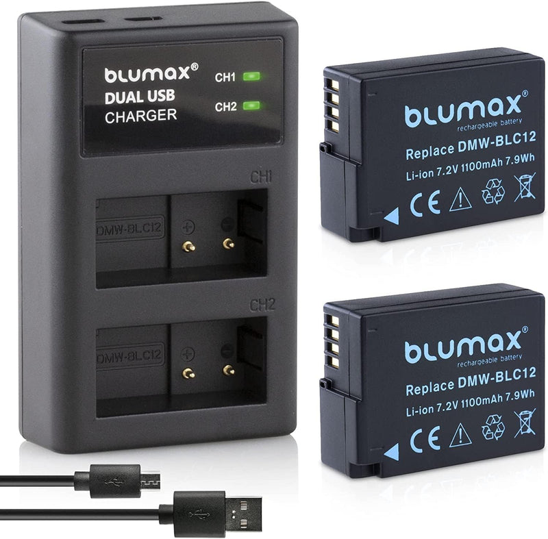 Blumax 2X Akku ersetzt Panasonic DMW-BLC12 / DMW-BLC12-E 1100mAh + USB Dual-Ladegerät USB | kompatib