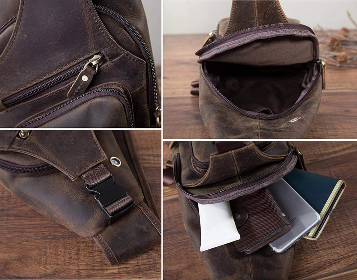 Le'aokuu Herren Echtes Leder Brusttasche Umhängetasche Sport Outdoor Messenger Bag Wanderrucksäcke（8