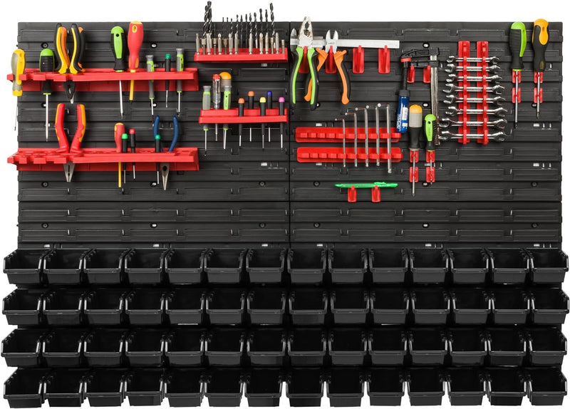 Lagersystem Werkstattregal | 115 x 78 cm | 56 stck. Box | Wandregal mit Werkzeughalterungen und Stap