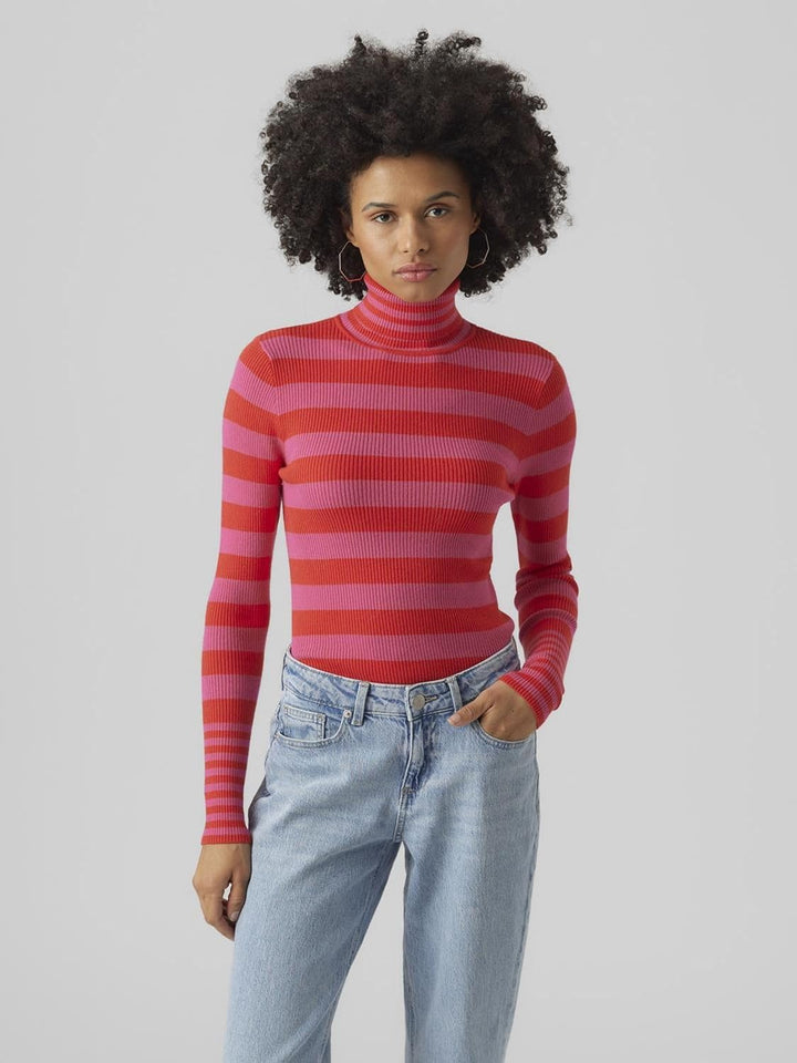 VERO MODA Damen Vmmaxine Ls Rollneck Boo Pullover L Tomato/Stripes:w. Fuchsia Purple, L Tomato/Strip