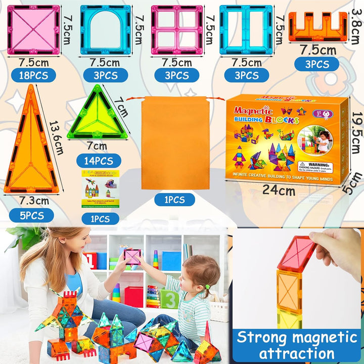 Magnetische Bausteine 50 Stück, Magnetspielzeug Kinder ab 3 4 5 Jahre, Montessori Konstruktionsspiel