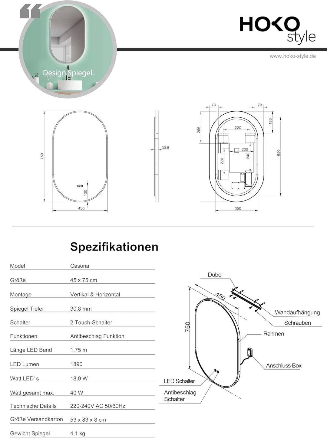 HOKO Design LED Anti-Fog Spiegel oval 45x75 cm / 75x45 cm Casoria+ Metall Rahmen Weiss. HOCH+QUER Mo