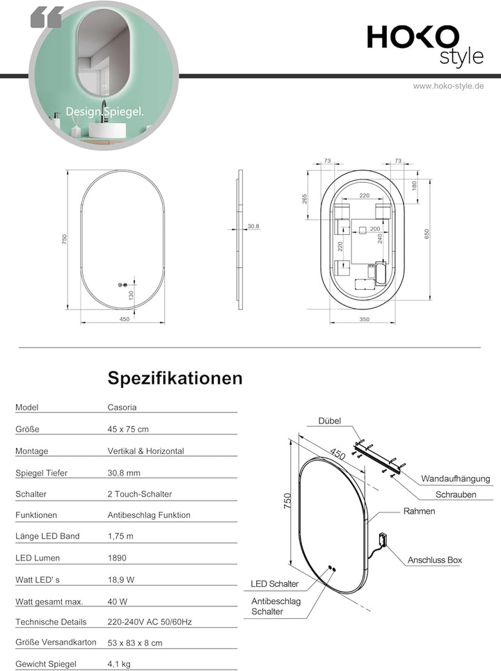 HOKO Design LED Anti-Fog Spiegel oval 45x75 cm / 75x45 cm Casoria+ Metall Rahmen Weiss. HOCH+QUER Mo