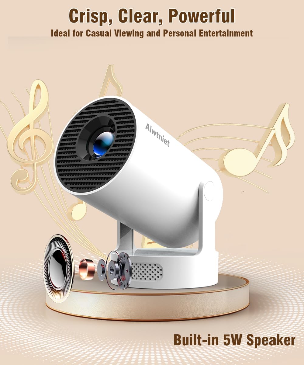 Alwtniet Mini Projektor, Mini Beamer 4K Unterstützt, Wi-Fi 6 und Bluetooth 5.4, 5W Lautsprecher, Aut