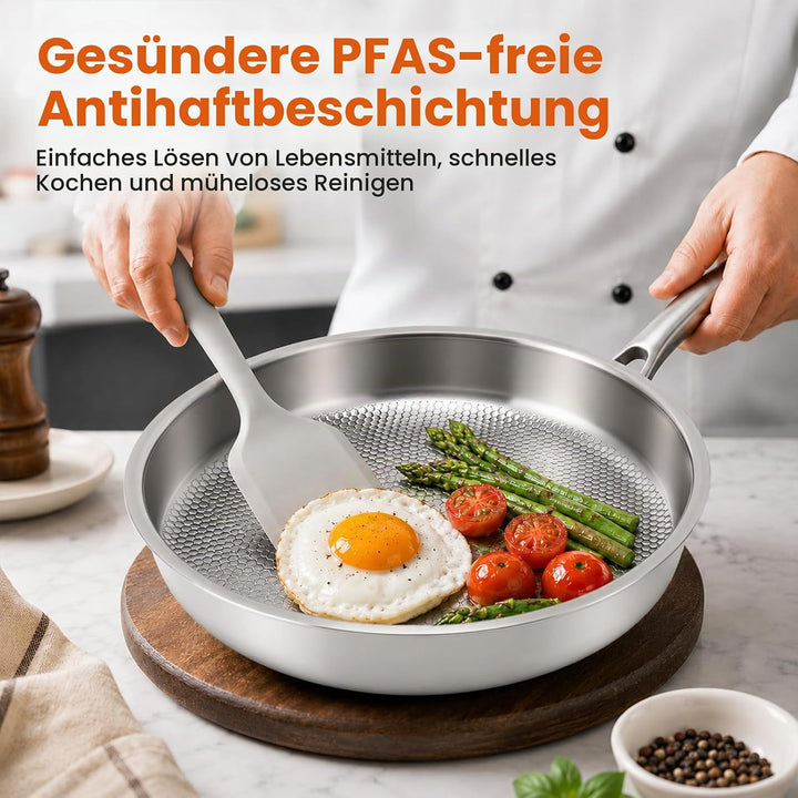 Titan Bratpfanne mit Deckel,Titanium Pan Uncoated, Pfannen aus Titan mit gehämmertem Muster zum Koch